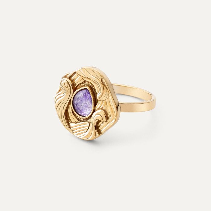 Talisman ring with stone - purple jadeite, silver 925 in gold plating