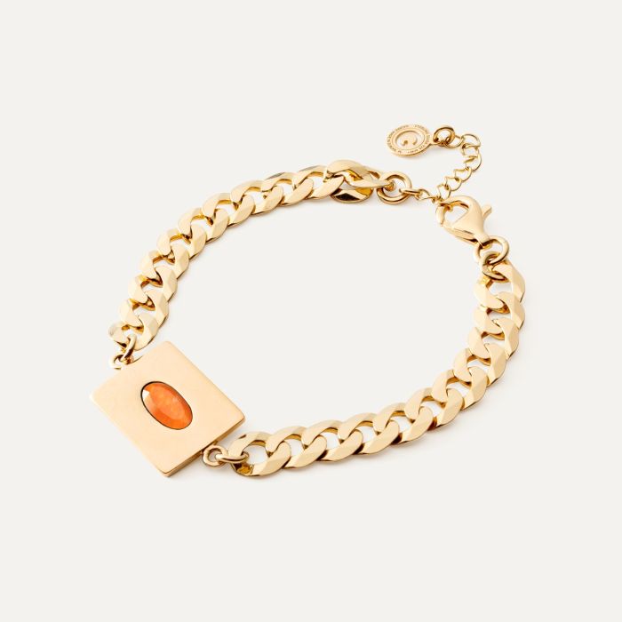 Silver bracelet with oval stone - orange jade gold plated