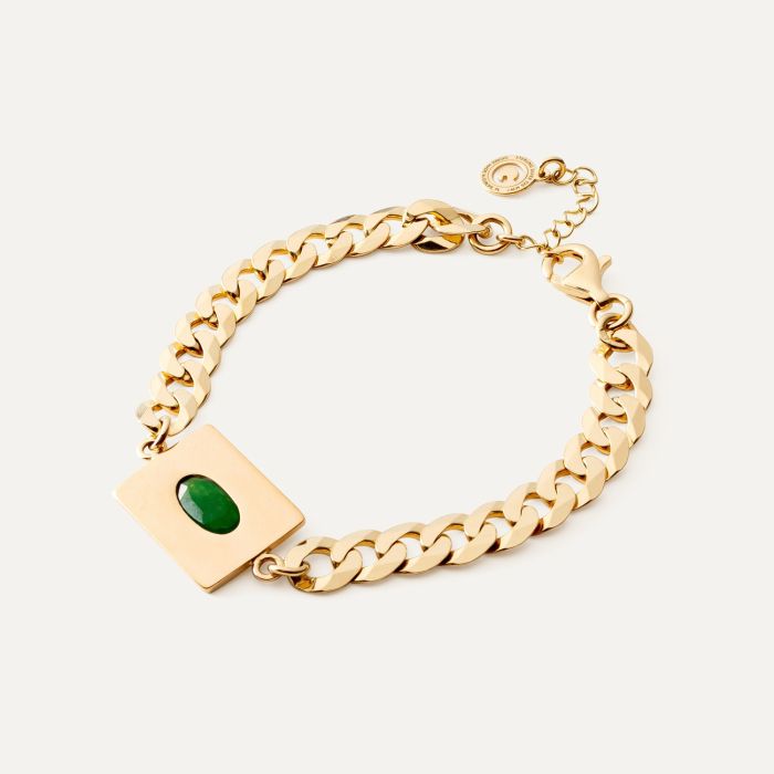 Silver bracelet with an oval stone - green jade gold plated