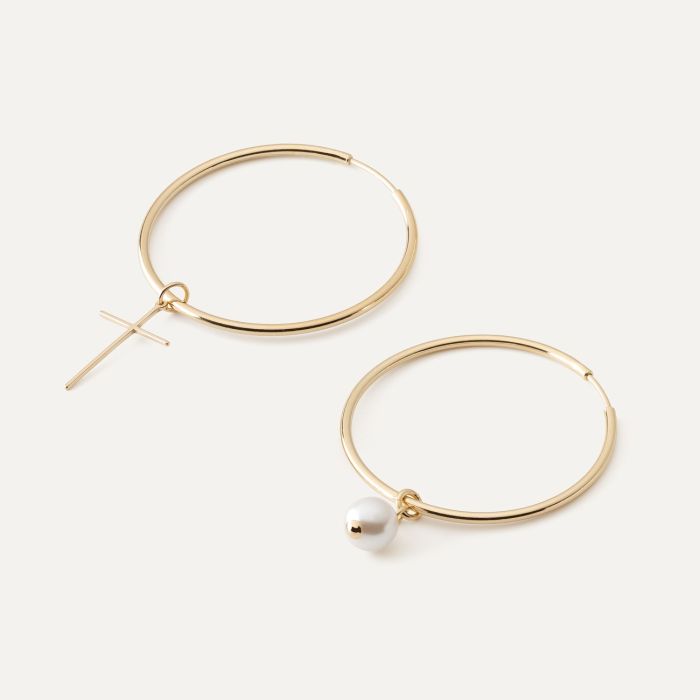 Big, asymmetric hoop earrings - pearl and cross, silver 925 gold plated