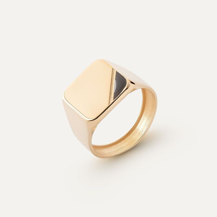 Silver square men's signet ring, 925 silver with gold plating