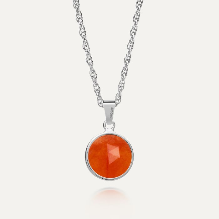 Silberne Halskette mit einem Rose-Cut-Stein - orangefarbenem Jadeit, 925er Silber platiniert