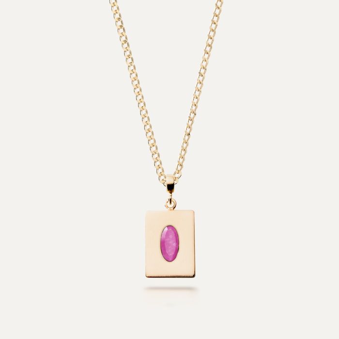 Silver necklace with oval stone - pink jade gold plated