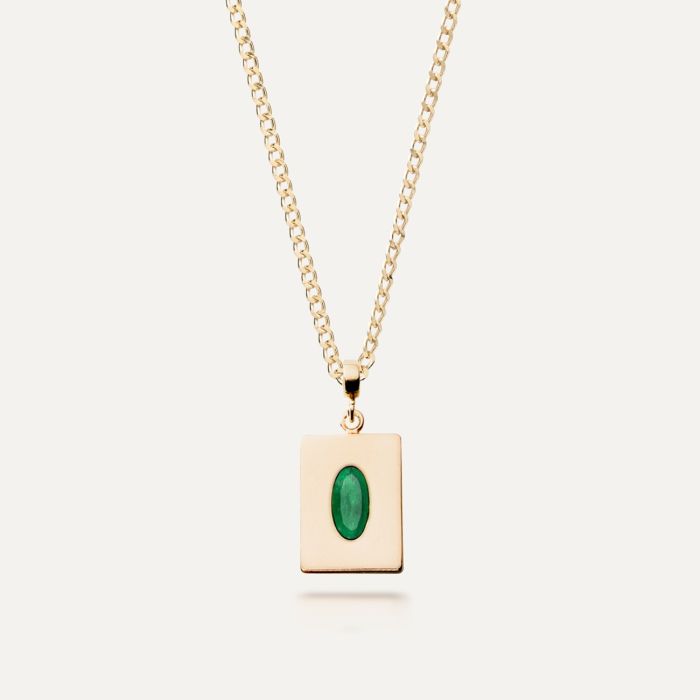 Silver necklace with oval stone - green jade gold plated