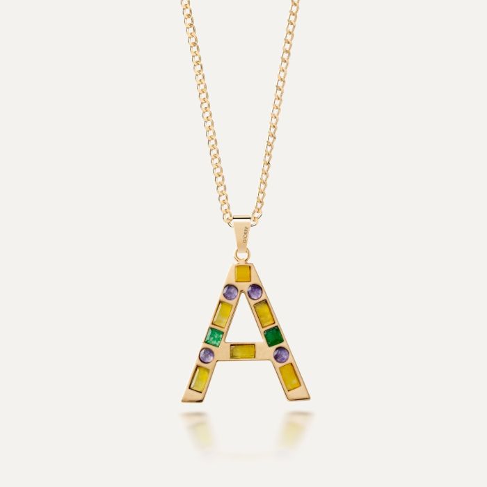 Necklace letter with natural stones, silver 925 in gold plating