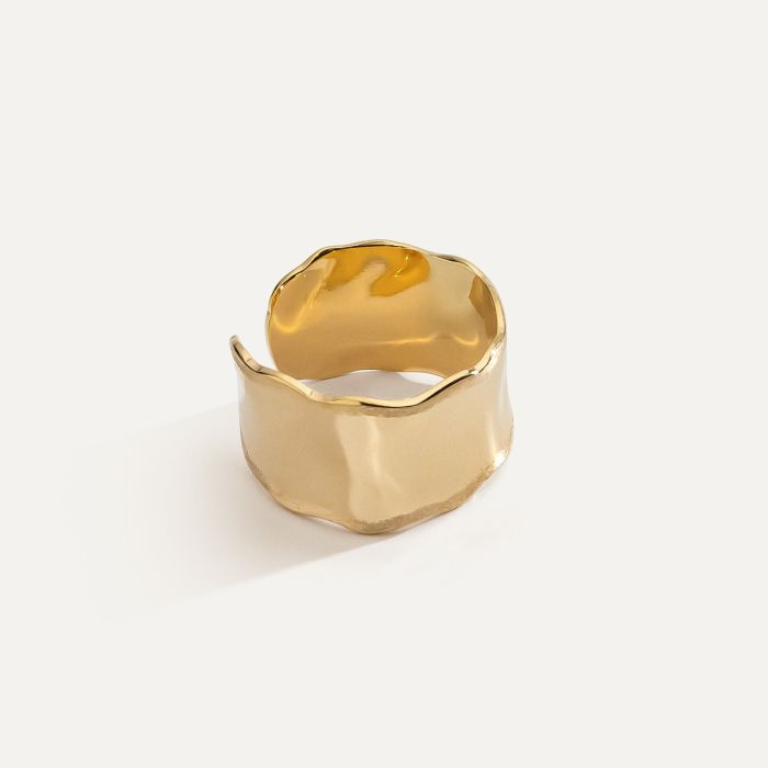 Wide ring made of crushed sheet metal, 925 silver with gold plating