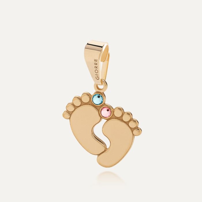 Engraved baby foot charm - Rose & Aquamarine, 925 silver with gold plating